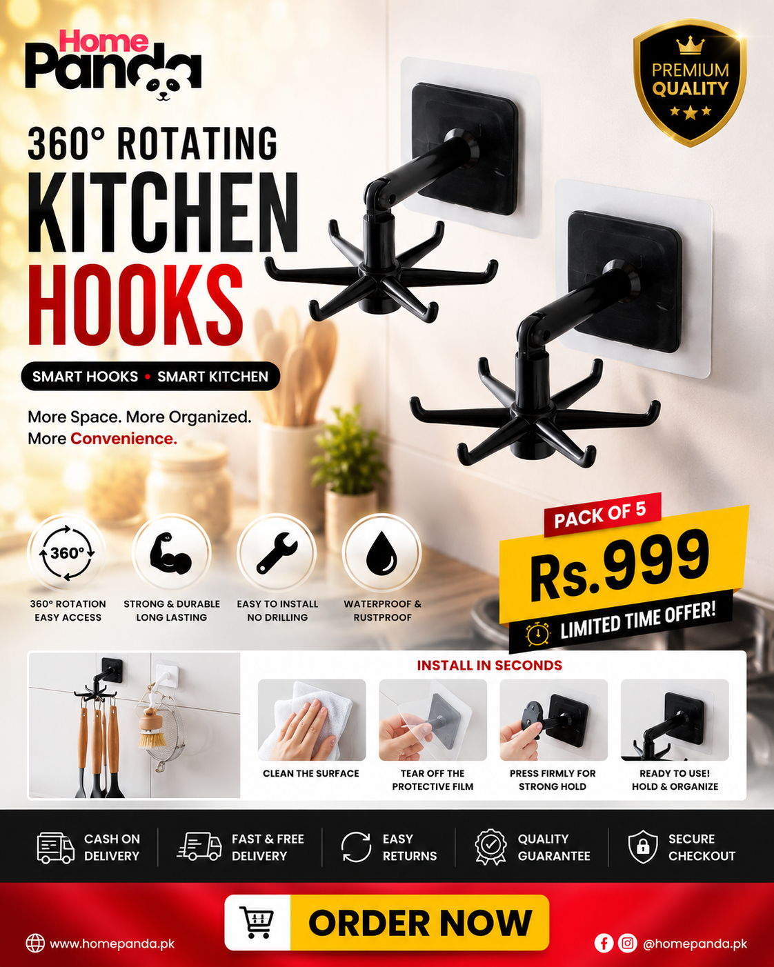 360 Degrees Rotated Kitchen Hooks (Pack of 5)
